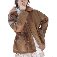 Load image into Gallery viewer, [clearance second kills 218] Korean version of wool collar plus plush women's leather jacket loose rope jacket PU leather jacket 3070