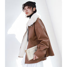 Load image into Gallery viewer, "Clearance seconds kill" winter fur collar locomotive clothing plus velvet women's jacket coat loose leather women 3069