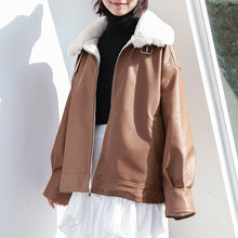 Load image into Gallery viewer, "Clearance seconds kill" winter fur collar locomotive clothing plus velvet women's jacket coat loose leather women 3069