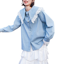 Load image into Gallery viewer, 2019 Korean women's retro doll collar shirt women Joker long sleeve fresh art denim shirt women 8052