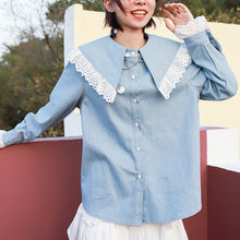 Load image into Gallery viewer, 2019 Korean women's retro doll collar shirt women Joker long sleeve fresh art denim shirt women 8052