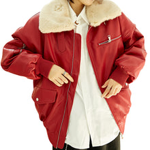 Load image into Gallery viewer, Leather coat female 2018 Korean version of double collar motorcycle suit plus velvet women's jacket coat loose leather coat female winter 3079