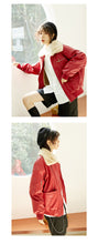 Load image into Gallery viewer, Leather coat female 2018 Korean version of double collar motorcycle suit plus velvet women's jacket coat loose leather coat female winter 3079