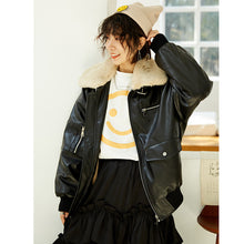 Load image into Gallery viewer, Leather coat female 2018 Korean version of double collar motorcycle suit plus velvet women's jacket coat loose leather coat female winter 3079