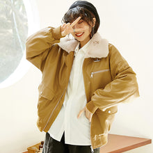 Load image into Gallery viewer, Leather coat female 2018 Korean version of double collar motorcycle suit plus velvet women's jacket coat loose leather coat female winter 3079