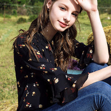 Load image into Gallery viewer, Spring 2009 New Woman's Loudspeaker Sleeve Printed Bottom Shirt Temperament Famous Yuanyuan Chiffon Shirt 51070
