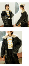 Load image into Gallery viewer, Leather coat female 2018 Korean version of double collar motorcycle suit plus velvet women's jacket coat loose leather coat female winter 3079