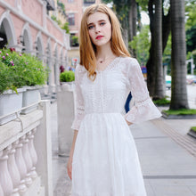 Load image into Gallery viewer, Immortal Lotus leaf sleeve white skirt 2019 fall new women's V collar embroidered chiffon dress 686