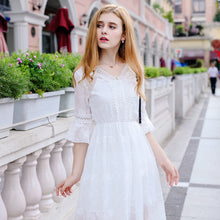 Load image into Gallery viewer, Immortal Lotus leaf sleeve white skirt 2019 fall new women's V collar embroidered chiffon dress 686
