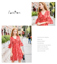 Load image into Gallery viewer, 2019 Autumn new brand of women's clothing V collar show thin print skirts with chiffon dress 68676