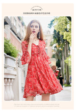 Load image into Gallery viewer, 2019 Autumn new brand of women's clothing V collar show thin print skirts with chiffon dress 68676