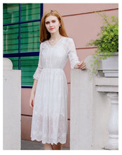 Load image into Gallery viewer, Immortal Lotus leaf sleeve white skirt 2019 fall new women's V collar embroidered chiffon dress 686