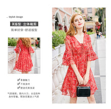 Load image into Gallery viewer, 2019 Autumn new brand of women's clothing V collar show thin print skirts with chiffon dress 68676