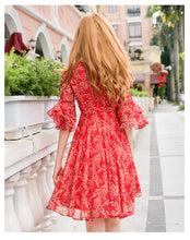 Load image into Gallery viewer, 2019 Autumn new brand of women's clothing V collar show thin print skirts with chiffon dress 68676
