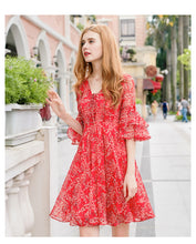 Load image into Gallery viewer, 2019 Autumn new brand of women's clothing V collar show thin print skirts with chiffon dress 68676