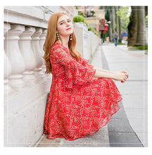 Load image into Gallery viewer, 2019 Autumn new brand of women's clothing V collar show thin print skirts with chiffon dress 68676