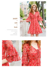 Load image into Gallery viewer, 2019 Autumn new brand of women's clothing V collar show thin print skirts with chiffon dress 68676