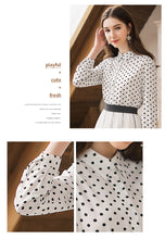 Load image into Gallery viewer, [ Journal of the Philippines] 2019 Spring New Women's Wavelet Point Single Button Printed Shirt Sweet White Spinning Shirt 59092