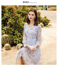 Load image into Gallery viewer, Spring 2009 New Women's Clothes V-neck Lantern Sleeve Printed Skirt Temperament Famous Chiffon Dress 69338