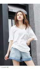 Load image into Gallery viewer, Short-sleeved t-shirt, women's loose 2019 new V-collar solid color trimmed design bottom shirt, Korean version top 6016