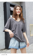 Load image into Gallery viewer, Short-sleeved t-shirt, women's loose 2019 new V-collar solid color trimmed design bottom shirt, Korean version top 6016
