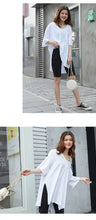 Load image into Gallery viewer, 2019 New White Short Sleeve T-Shirt Hong Kong Wind V-Neck Design Short Back Long Solid Color Pocket T-Shirt 66013
