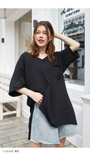 Load image into Gallery viewer, 2019 New White Short Sleeve T-Shirt Hong Kong Wind V-Neck Design Short Back Long Solid Color Pocket T-Shirt 66013