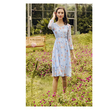 Load image into Gallery viewer, Spring 2009 New Women's Clothes V-neck Lantern Sleeve Printed Skirt Temperament Famous Chiffon Dress 69338