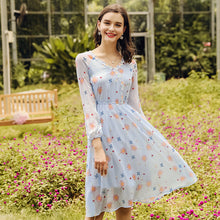 Load image into Gallery viewer, Spring 2009 New Women's Clothes V-neck Lantern Sleeve Printed Skirt Temperament Famous Chiffon Dress 69338