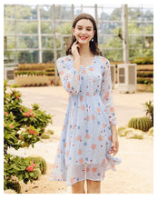 Load image into Gallery viewer, Spring 2009 New Women's Clothes V-neck Lantern Sleeve Printed Skirt Temperament Famous Chiffon Dress 69338