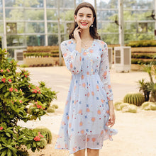 Load image into Gallery viewer, Spring 2009 New Women's Clothes V-neck Lantern Sleeve Printed Skirt Temperament Famous Chiffon Dress 69338