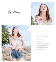Load image into Gallery viewer, 2019 Early autumn new fashion women's temperament v-collar horn sleeve printed shirt sweet small fresh snow spinning shirt 59015