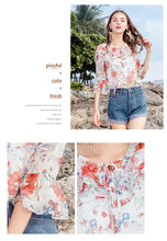 Load image into Gallery viewer, 2019 Early autumn new fashion women's temperament v-collar horn sleeve printed shirt sweet small fresh snow spinning shirt 59015