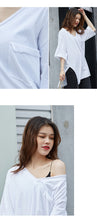 Load image into Gallery viewer, 2019 New White Short Sleeve T-Shirt Hong Kong Wind V-Neck Design Short Back Long Solid Color Pocket T-Shirt 66013