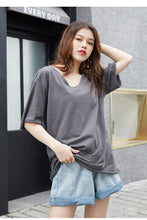 Load image into Gallery viewer, Short-sleeved t-shirt, women's loose 2019 new V-collar solid color trimmed design bottom shirt, Korean version top 6016