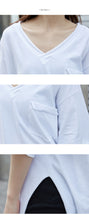 Load image into Gallery viewer, 2019 New White Short Sleeve T-Shirt Hong Kong Wind V-Neck Design Short Back Long Solid Color Pocket T-Shirt 66013