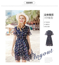 Load image into Gallery viewer, Summer high-quality women's wear temperament in 2019 V-neck elastic chic light-ripe printed chiffon dress 69216