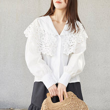 Load image into Gallery viewer, 2019 New Korean Women's Wear water soluble lace Doll Neck Shirt V Neck Design White Long Sleeve Shirt 2102