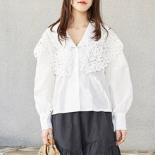 Load image into Gallery viewer, 2019 New Korean Women's Wear water soluble lace Doll Neck Shirt V Neck Design White Long Sleeve Shirt 2102