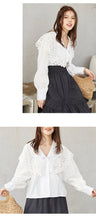 Load image into Gallery viewer, 2019 New Korean Women's Wear water soluble lace Doll Neck Shirt V Neck Design White Long Sleeve Shirt 2102