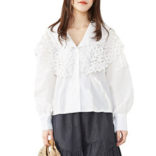 Load image into Gallery viewer, 2019 New Korean Women's Wear water soluble lace Doll Neck Shirt V Neck Design White Long Sleeve Shirt 2102