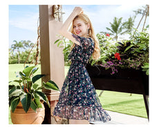 Load image into Gallery viewer, Summer high-quality women's wear temperament in 2019 V-neck elastic chic light-ripe printed chiffon dress 69216