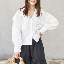 Load image into Gallery viewer, 2019 New Korean Women's Wear water soluble lace Doll Neck Shirt V Neck Design White Long Sleeve Shirt 2102