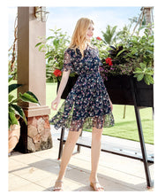 Load image into Gallery viewer, Summer high-quality women's wear temperament in 2019 V-neck elastic chic light-ripe printed chiffon dress 69216