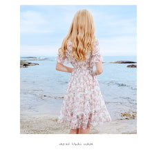 Load image into Gallery viewer, Summer high-quality women's wear temperament in 2019 V-neck elastic chic light-ripe printed chiffon dress 69216