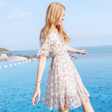 Load image into Gallery viewer, Summer high-quality women's wear temperament in 2019 V-neck elastic chic light-ripe printed chiffon dress 69216