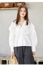 Load image into Gallery viewer, 2019 New Korean Women's Wear water soluble lace Doll Neck Shirt V Neck Design White Long Sleeve Shirt 2102