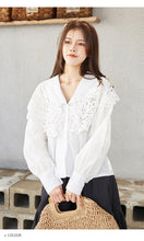 Load image into Gallery viewer, 2019 New Korean Women's Wear water soluble lace Doll Neck Shirt V Neck Design White Long Sleeve Shirt 2102
