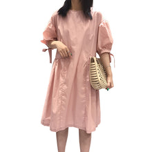 Load image into Gallery viewer, Summer 2019 new high-end cotton and linen women's solid color lace-up waist long skirt lantern sleeve A dress