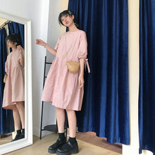 Load image into Gallery viewer, Summer 2019 new high-end cotton and linen women's solid color lace-up waist long skirt lantern sleeve A dress